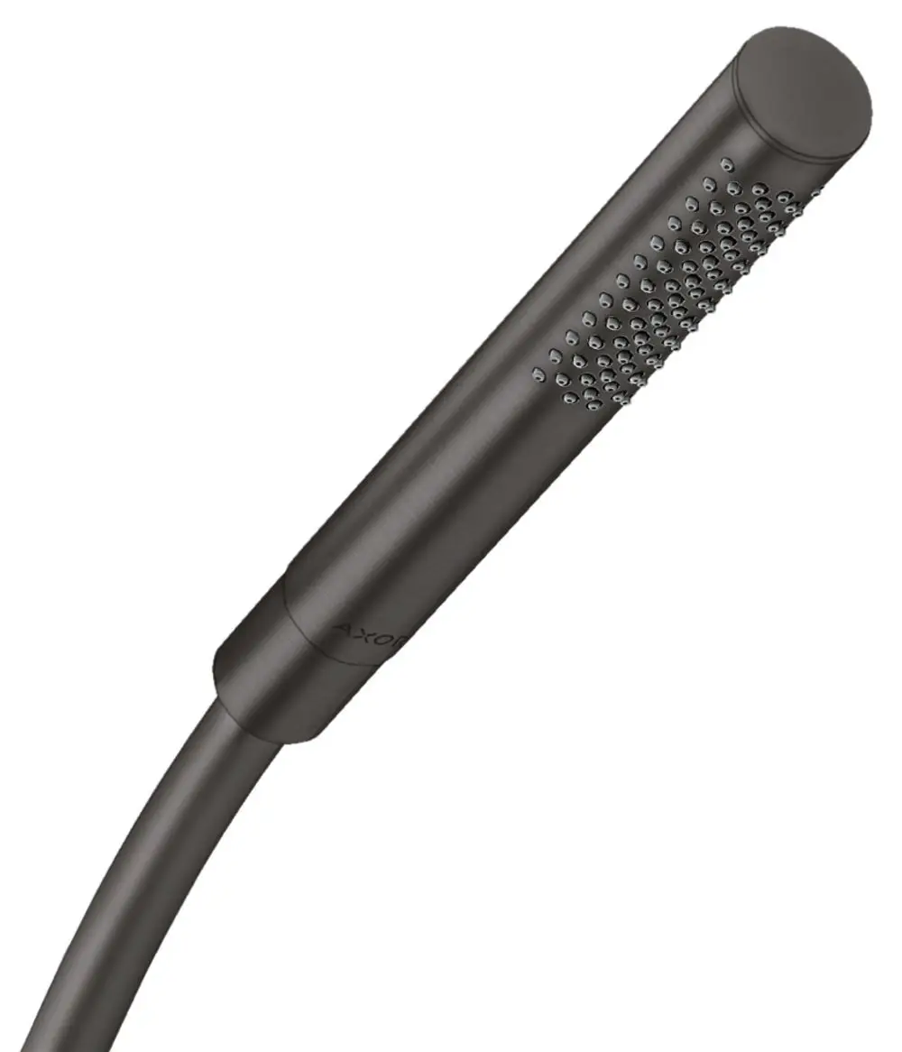 Handbrause in gebürstetem Schwarzchrom von AXOR mit einem Düsenauslass für einen sparsamen Wasserfluss. Schlichte, körpernahe Form ohne sichtbare Funktionen.
